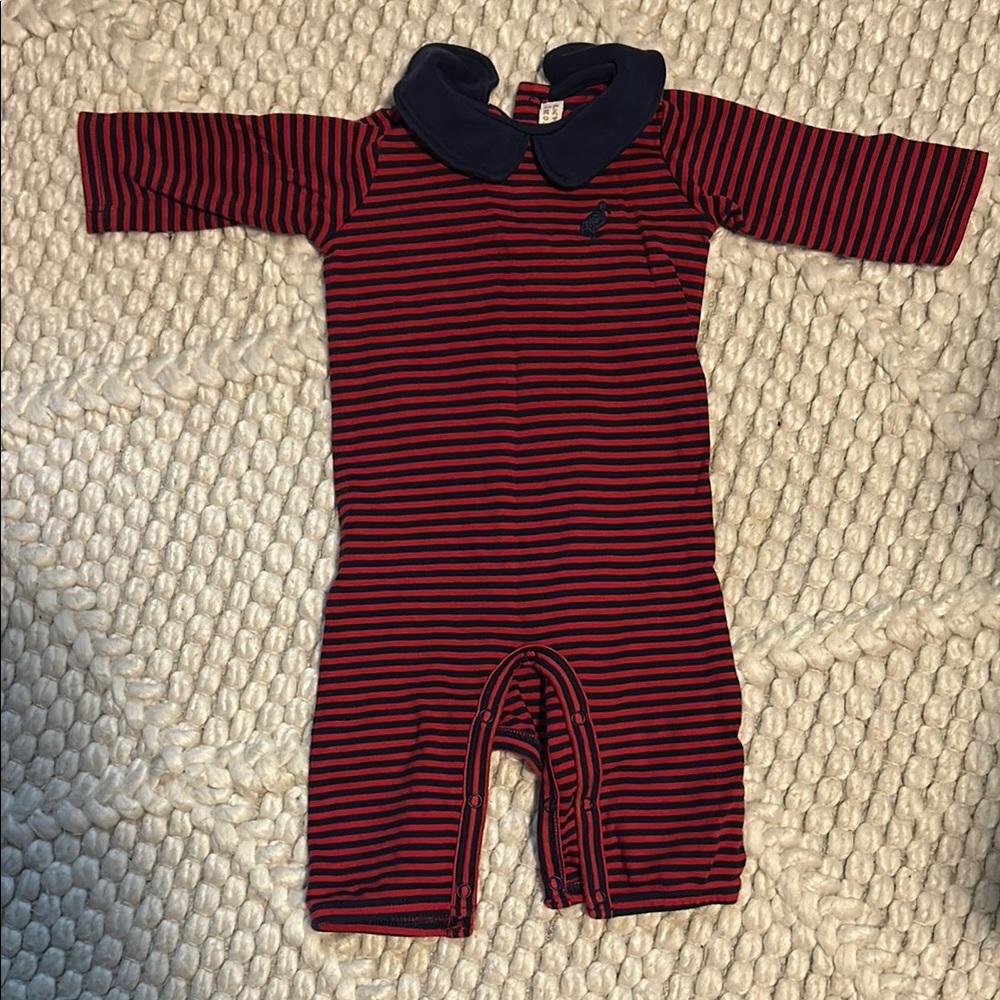 The Beaufort Bonnet Company Navy and Red Striped Footie